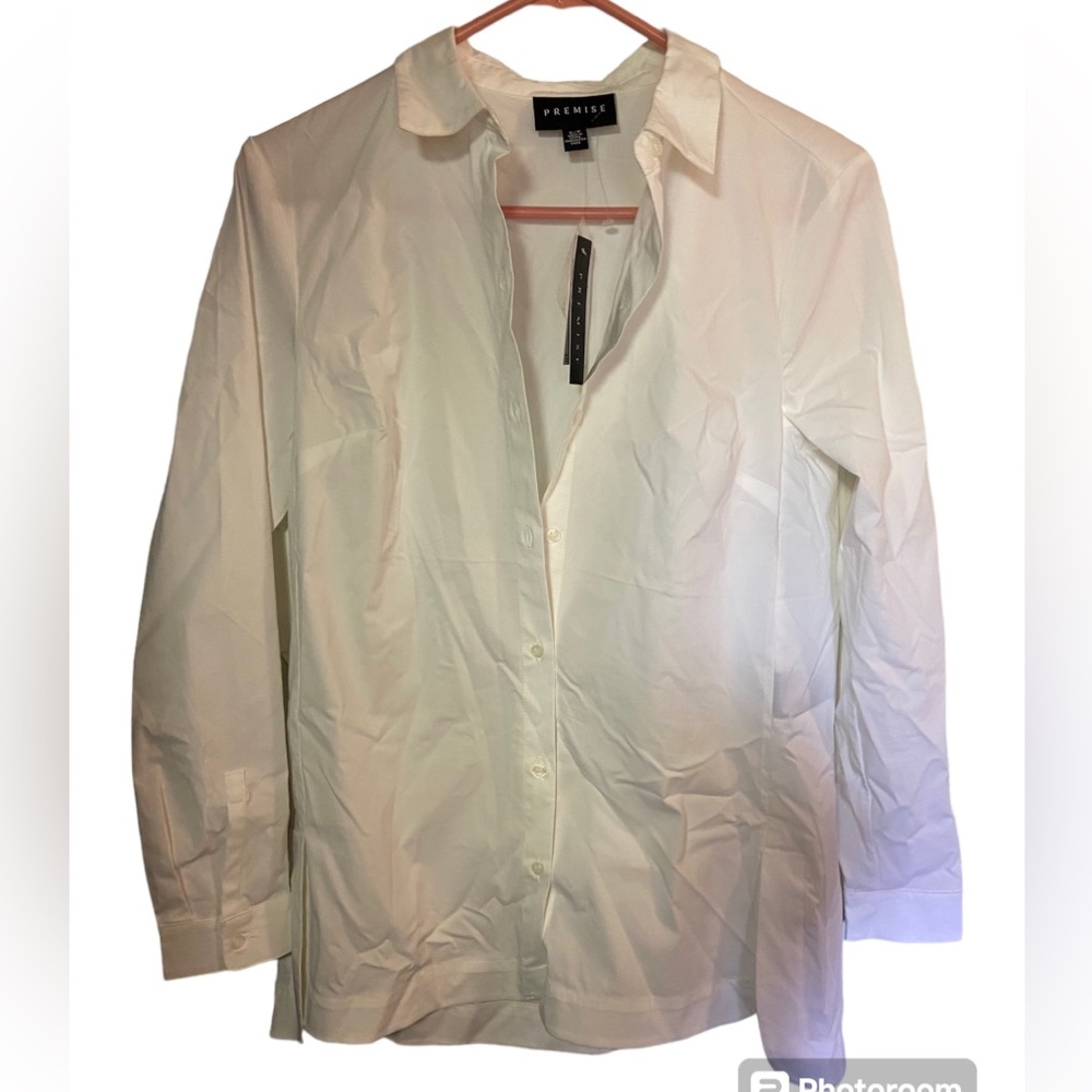 Nwt premise white ladies button down blouse top small neutral 
Cotton blend